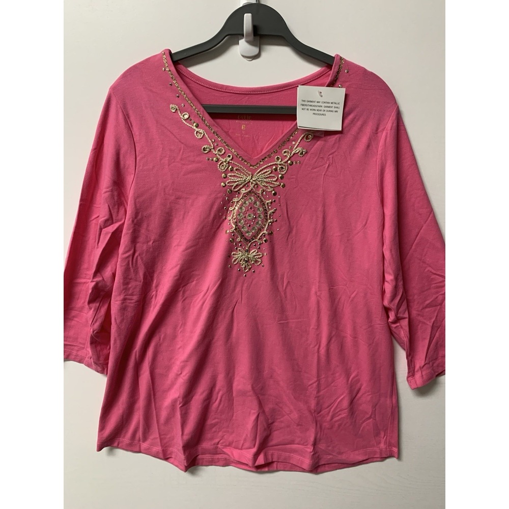 Belle Kim Gravel Cotton Stretch Embroidered Bling Top Pink Large NEW